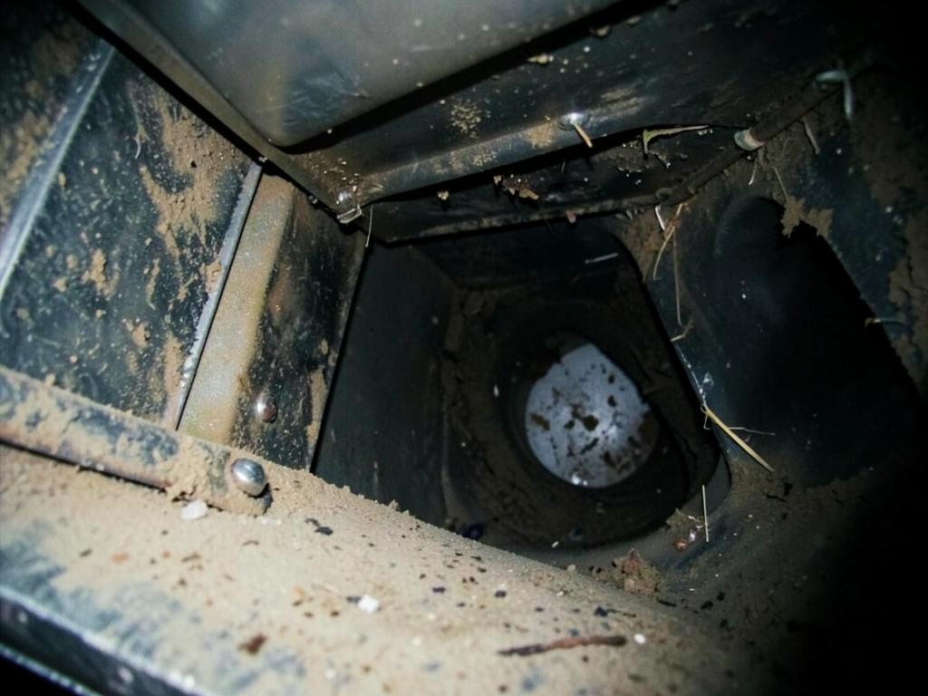 HVAC duct before GLFM cleaning — heavy dust and debris buildup